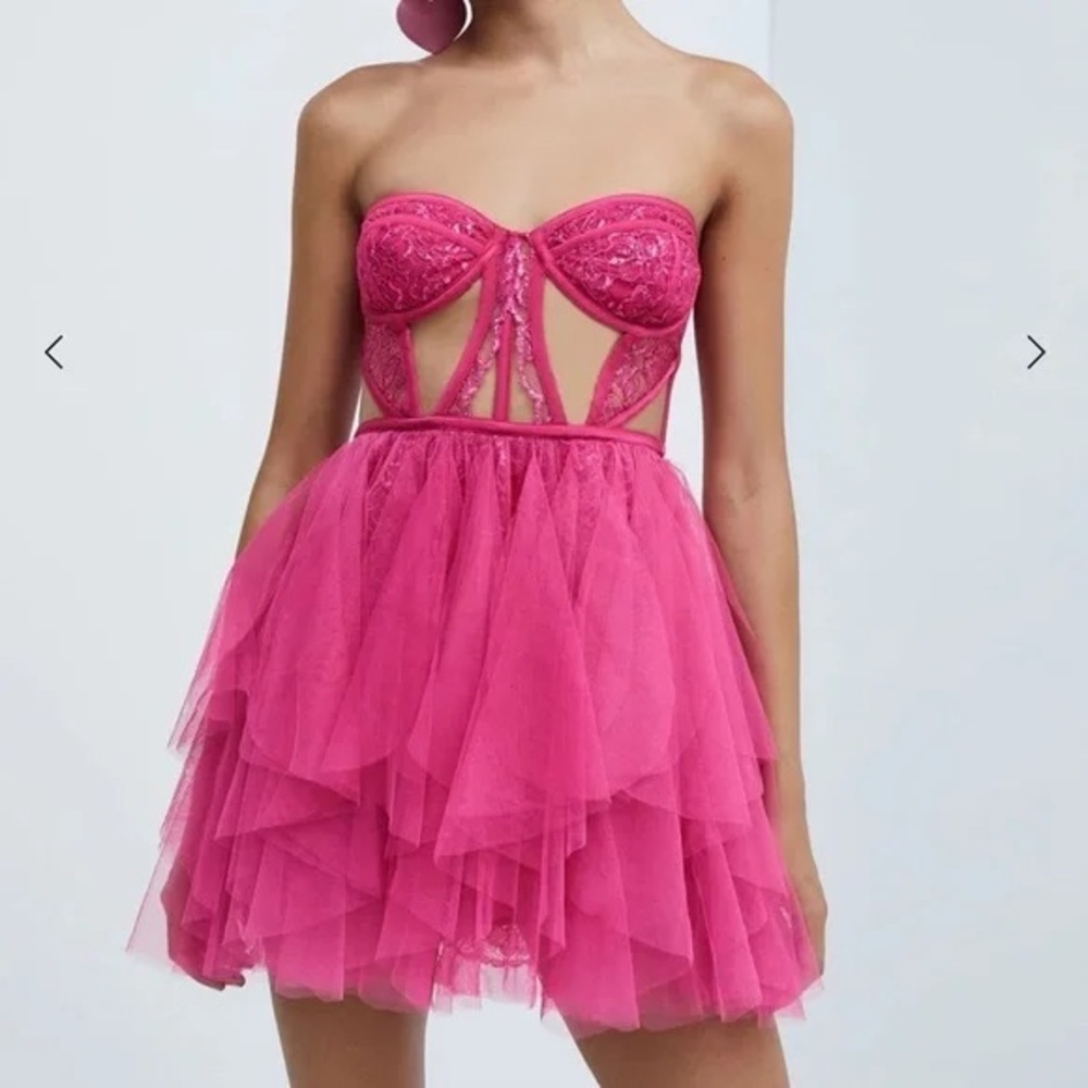 For Love & Lemons Hot Pink Strapless Cutout Mini Dress